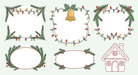 A collection of festive Christmas-themed decorative borders and a gingerbread house illustration on a light green background.