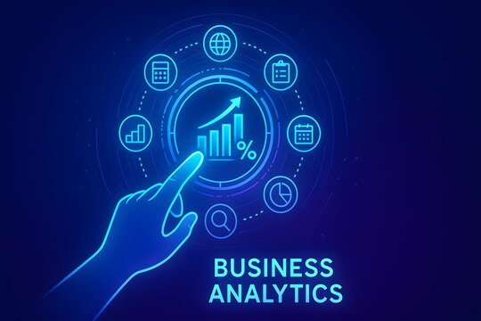 Hand selecting business analytics dashboard with finance icons and global tools