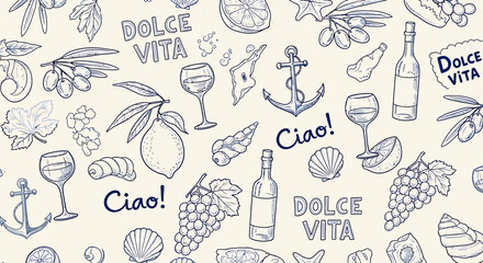 Illustration of Italian food and drink elements, including wine, lemons, and nautical symbols.