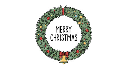 A festive Christmas wreath with colorful baubles, a red bow, a golden bell, and 'Merry Christmas' text in the center.