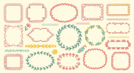 Collection of hand-drawn decorative frames and borders in pastel colors.