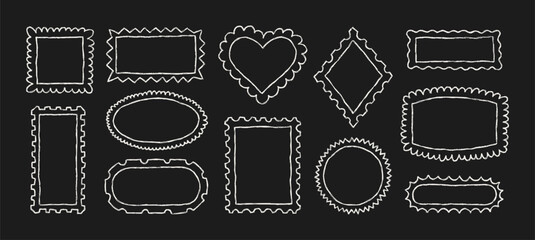 Crayon Postal Stamp Frames Set. Vector Hand Drawn Chalk Postage Shapes. Doodle Pencil Postage Border is Different Forms Circle, Heart, Rhomb, Rectangle, Oval, For Letter, Post Card, Web Design.