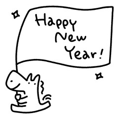 Happy new year メッセージフラッグを持って走る笑顔の馬　正月素材・モノクロ