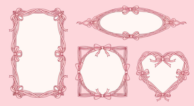 A beautiful collection of hand-drawn pink ribbon frames with bows in various shapes.