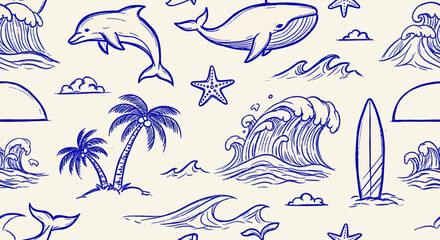 Hand-drawn pattern with ocean elements: waves, palm trees, whale, dolphin, surfboard. © Sultan Desain