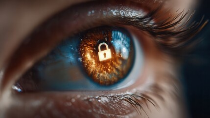 Futuristic eye reflects glowing digital lock, symbolizing advanced data protection and cybersecurity awareness in a connected world.
