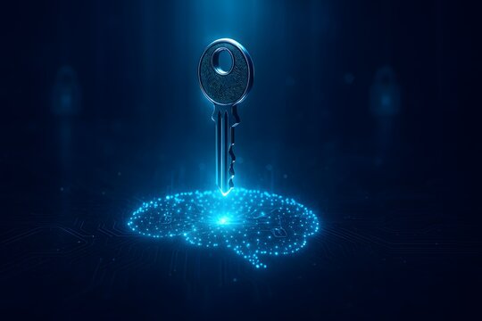 Metallic key unlocks glowing digital brain representing knowledge security access - Powered by Adobe