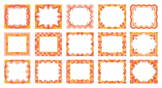 Collection of fifteen decorative square frames with orange and yellow designs.