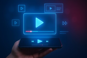 Mobile video streaming interface with neon play button and controls