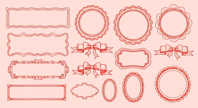 A collection of hand-drawn vintage-style decorative frames and elegant ribbon bows in various shapes and sizes, rendered in a reddish-pink color palette.