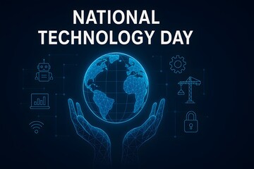 National technology day poster with globe hands and innovation icons