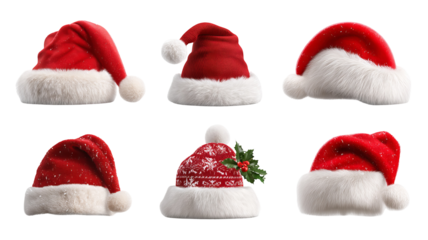 Christmas Santa hat collection high resolution transparent PNG clipart set isolated on white for greeting cards stickers invitations print on demand and festive designs
