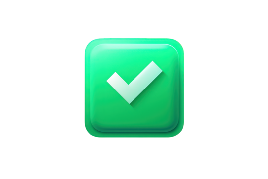 Green Checkmark Icon on Transparent Background with Soft Shadow and Reflective Surface