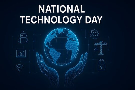 National technology day poster with globe hands and innovation icons