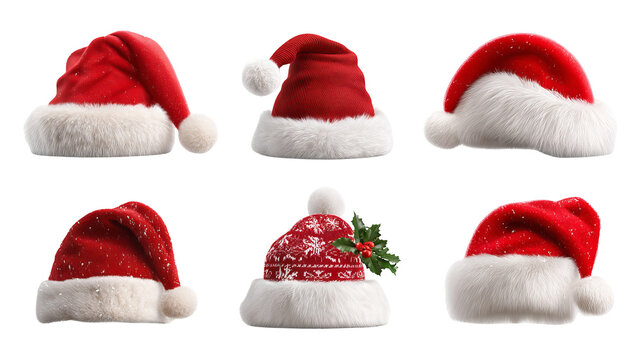 Christmas Santa hat collection high resolution transparent PNG clipart set isolated on white for greeting cards stickers invitations print on demand and festive designs
