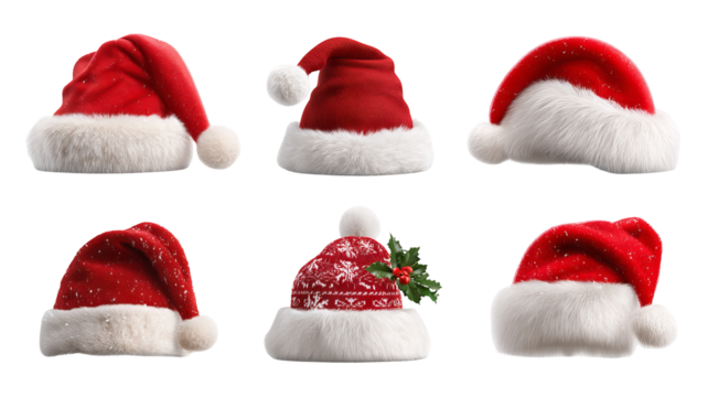 Christmas Santa hat collection high resolution transparent PNG clipart set isolated on white for greeting cards stickers invitations print on demand and festive designs
