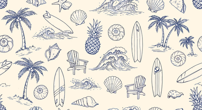 Beach-themed pattern featuring palm trees, surfboards, seashells, waves, and other summer elements.