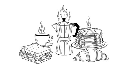 A hand-drawn illustration of a breakfast spread featuring a moka pot, coffee, pancakes, a sandwich, and a croissant.
