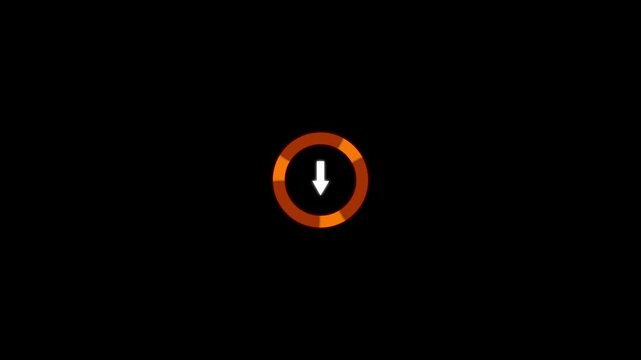 Neon Glowing Download Progress Animation.Circular Loading Bar with Arrow Icon on Black Background, A rotating loading bar with a downward arrow icon,animated circle loading gif video icon. 4K Video