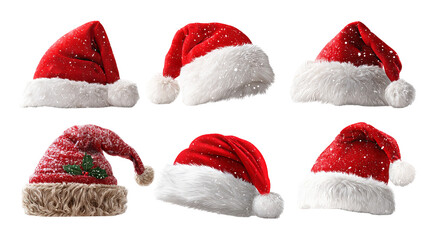 Christmas Santa hat collection high resolution transparent PNG clipart set isolated on white for greeting cards stickers invitations print on demand and festive designs
