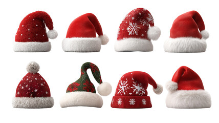 Christmas Santa hat collection high resolution transparent PNG clipart set isolated on white for greeting cards stickers invitations print on demand and festive designs
