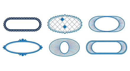 Six oval-shaped frames with intricate designs and patterns in shades of blue, perfect for labels.
