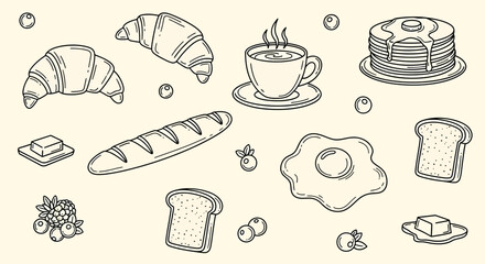 Breakfast food illustration with croissants, coffee, eggs, and pancakes.