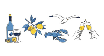 A collection of illustrations featuring a bottle of wine, lemons, a seagull, a lobster, and champagne glasses.