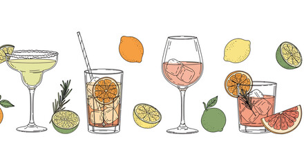 A vibrant illustration of various refreshing cocktails and citrus fruits, perfect for a summer party.