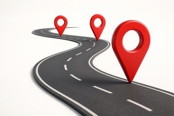 Curved road with red location pins symbolizing navigation and transport concept on white background. Ai generative. Ai generative