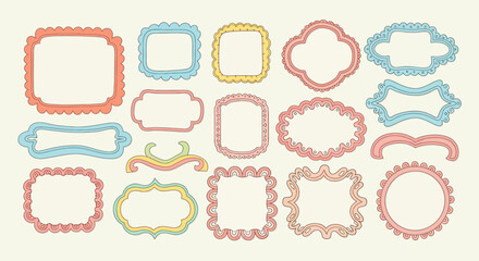A collection of hand-drawn decorative frames in various shapes and soft pastel colors.