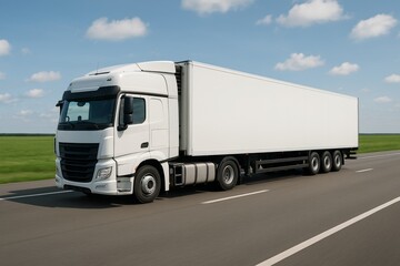 White cargo truck driving on highway under blue sky with green fields, symbolizing modern logistics and freight transport concept in motion. Ai generative