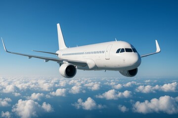 Obraz premium White commercial jet airplane flying above clouds in blue sky, showcasing modern air transport technology concept in clear daylight atmosphere. Ai generative
