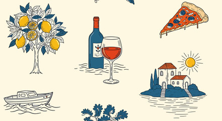 Hand-drawn illustrations of Italian and Mediterranean symbols including a lemon tree, wine, pizza, coastal village, and boat.
