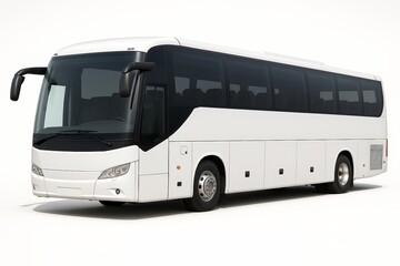Modern white passenger tour bus isolated on white background, showcasing futuristic transport concept in digital art style for travel visuals. Ai generative