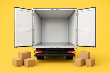 Open delivery truck with empty cargo space and cardboard boxes on yellow background, representing transport and logistics concept. Ai generative