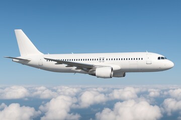 Obraz premium White passenger commercial airplane flying through blue sky above clouds, showcasing air travel transport concept in minimal style. Ai generative. Ai generative
