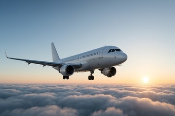 Obraz premium Commercial airplane flying above clouds at sunrise with extended landing gear, showcasing modern air transport concept in dreamy sky atmosphere. Ai generative