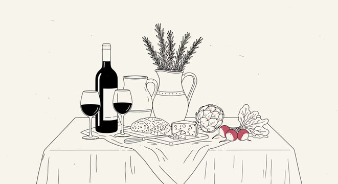 wine and food still life on table clip art preview