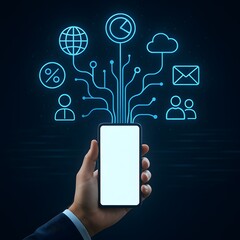Smartphone with branching icons business hand holding blank screen mockup