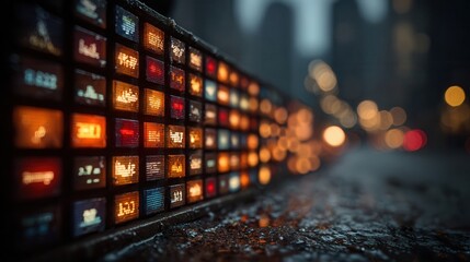 Captivating digital display with vibrant, glowing data panels creates modern, dynamic business atmosphere reflecting city lights