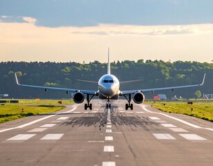 Aerial transport readying for takeoff on runway in beautiful light