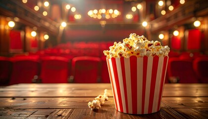Classic cinema experience popcorn in a striped bucket at a vintage theater