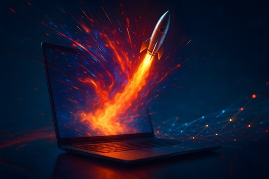 Startup growth concept with rocket launching from laptop digital workspace