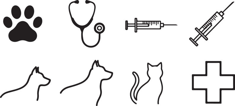 Veterinary icons set including paw print stethoscope syringe dog cat and medical cross vector