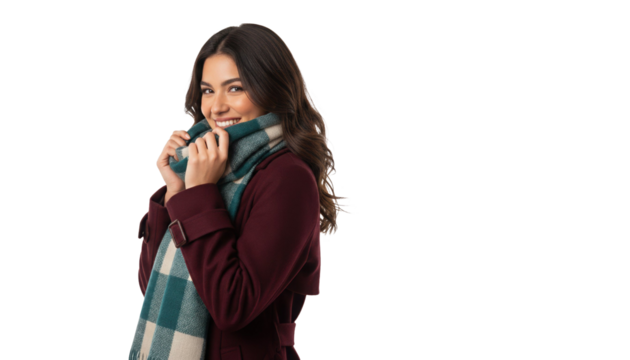 Stylish Hispanic woman smiles wrapped in a cozy scarf and coat during the cold winter season