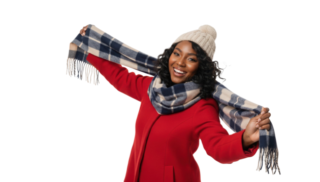 Cheerful African American woman wearing red coat and scarf for winter fashion catalog or holiday ad campaigns