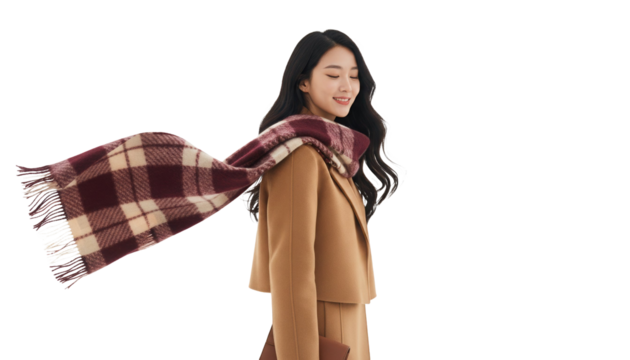 Stylish Korean woman in chic coat, cozy scarf enjoying autumn breeze, perfect for fall fashion ads