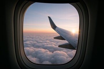 Fototapeta premium Airplane wing view through window during flight above clouds at sunrise showcasing tranquil air travel atmosphere in modern transport concept. Ai generative