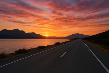 Long empty highway along lake at sunset with vivid clouds and mountain silhouettes, peaceful transport and travel concept landscape scene. Ai generative